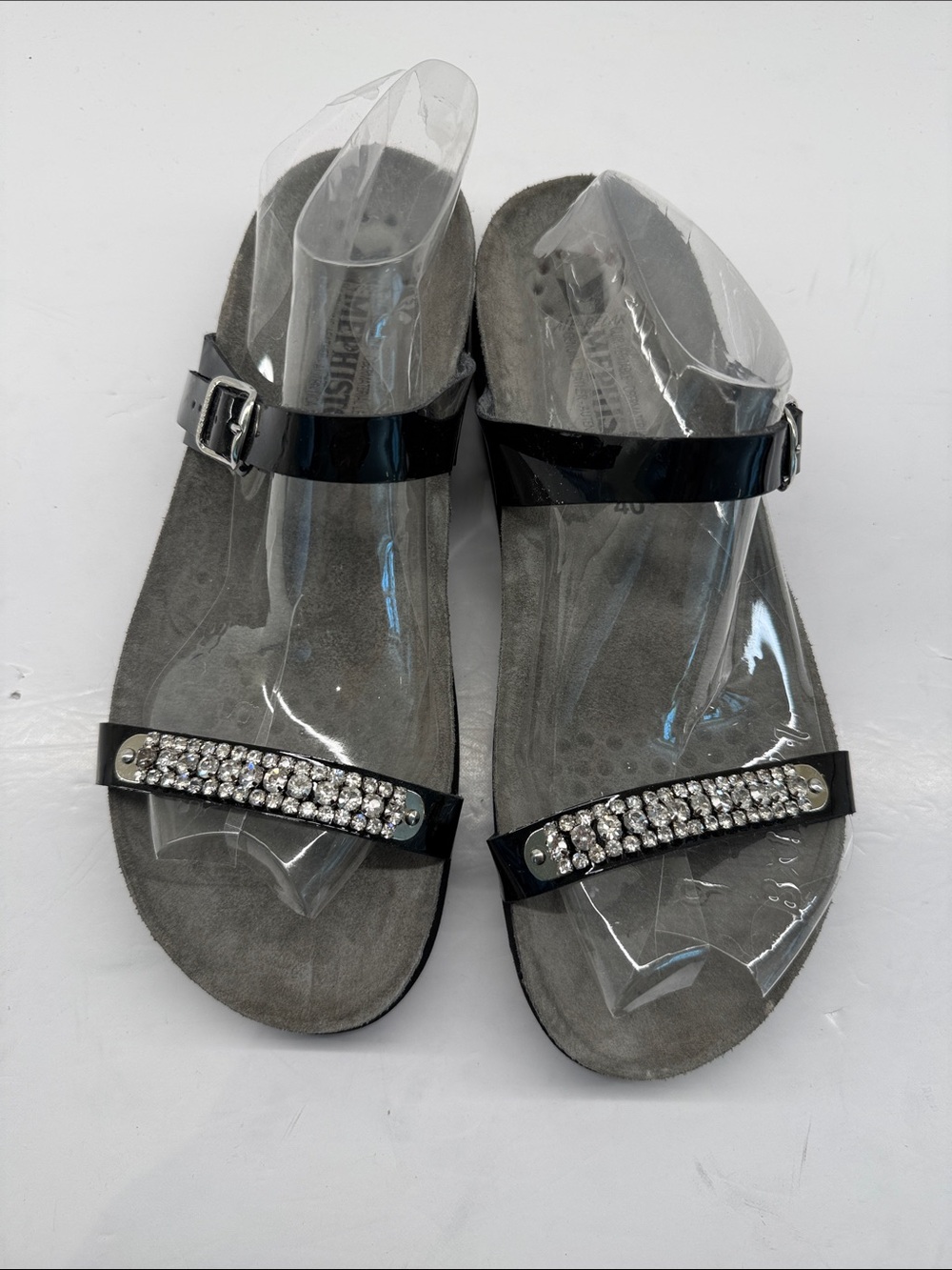 Mephisto Black Patent Jeweled Toe-strap Sandals